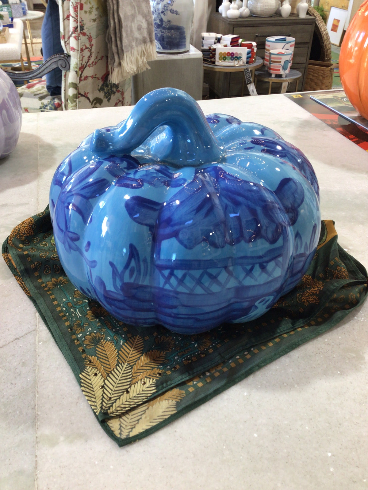 Handcrafted Large Ceramic Pumpkin - Navy on Aqua