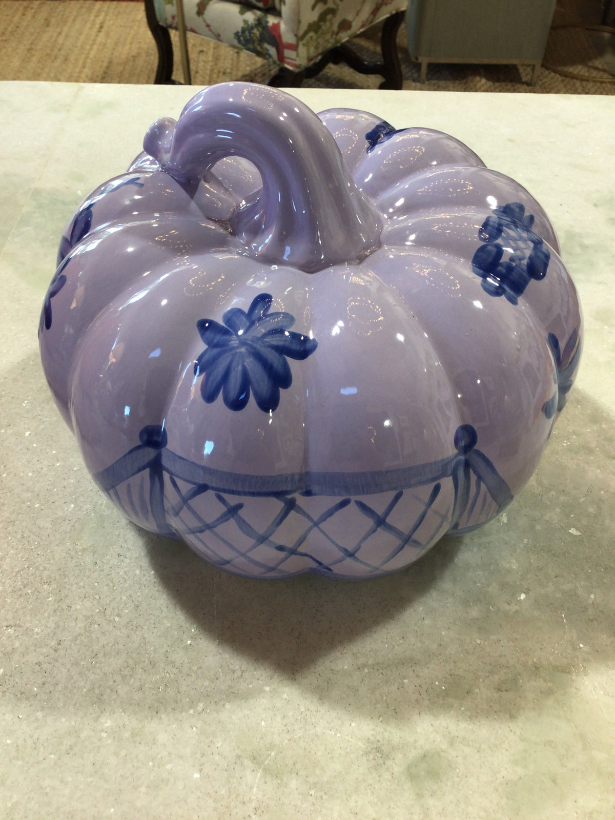 Handcrafted Large Ceramic Pumpkin-Navy on Lavender