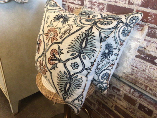 Blue/ Terracotta Damask Pillow
