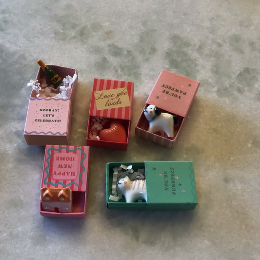 Tiny Matchbox Ceramic House, Dog, Cat, Champagne, and Heart