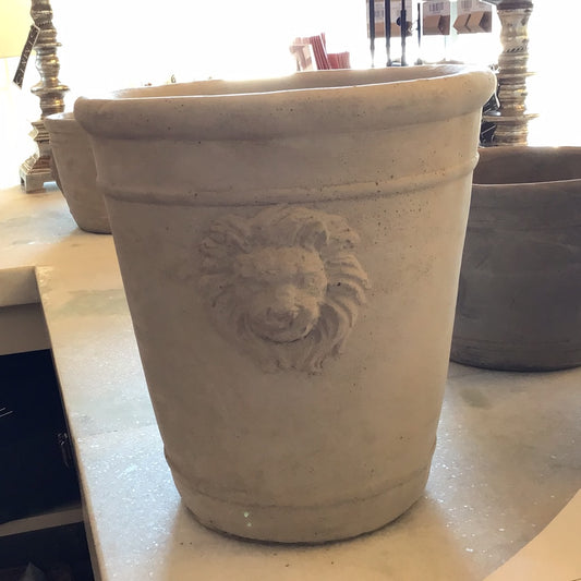 Tall Cement Lion Head Pot.