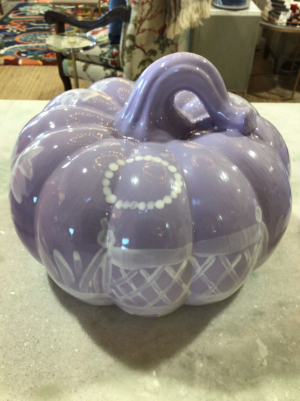 Handcrafted Large Ceramic Pumpkin-White on Lavender