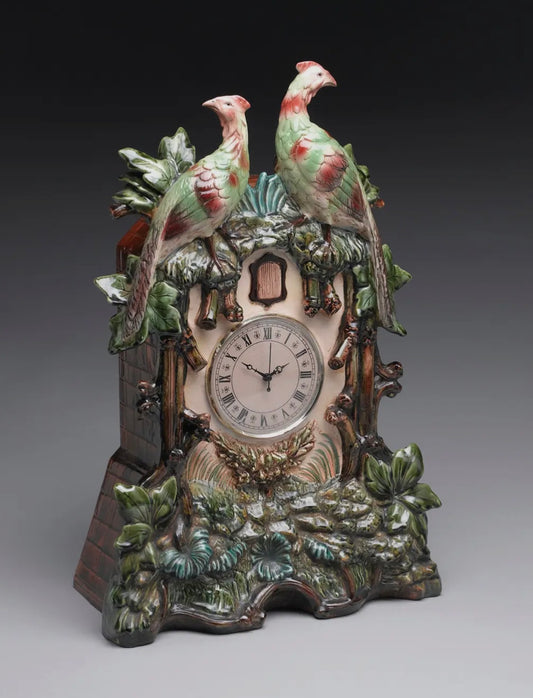 Majolica style bird clock