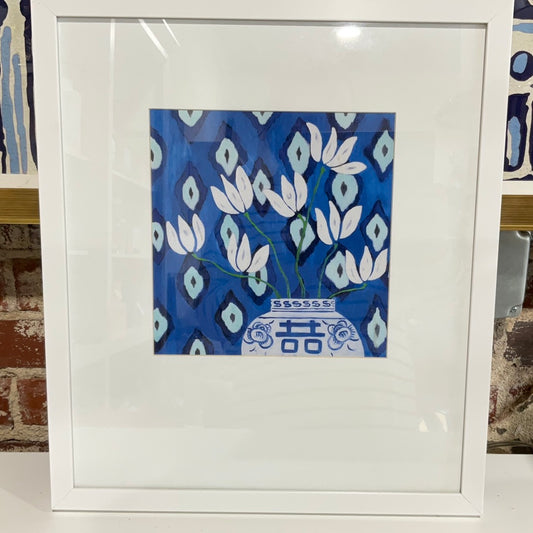 Floral Wall Art Blue w/White Frame