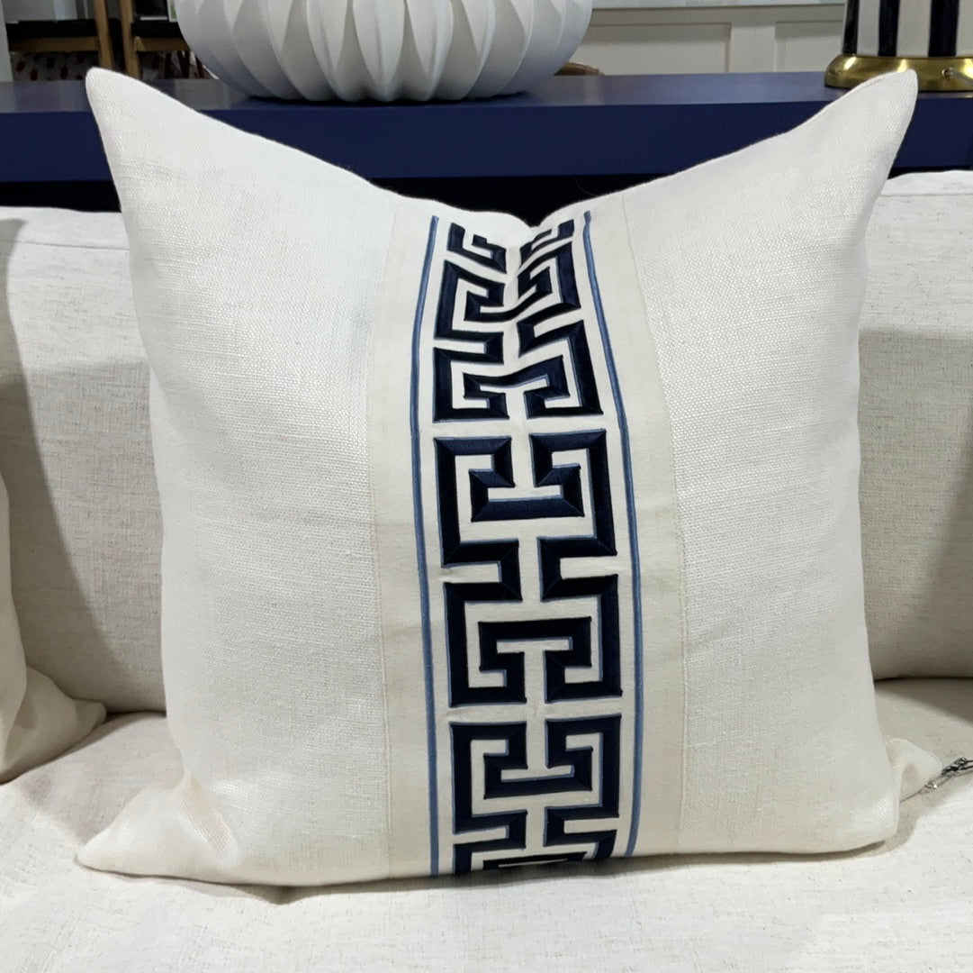 White Linen w/Blue Greek Key Band Custom Pillow