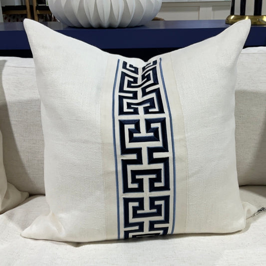 White Linen w/Blue Greek Key Band Custom Pillow