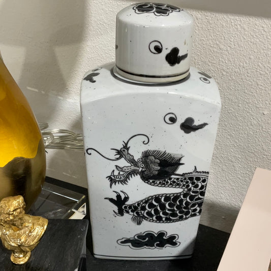 Black/White Dragon Jar w/Lid